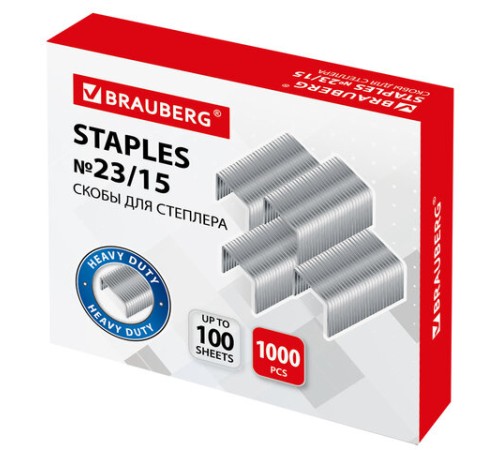 Скобы для степлера №23/15, 1000 штук, BRAUBERG, от 40 до 100 листов, 227716