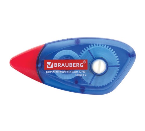 Корректирующая лента BRAUBERG, 5 мм х 8 м, корпус синий, механизм перемотки, блистер, 227801