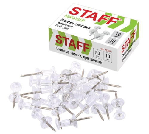 Силовые кнопки-гвоздики прозрачные STAFF 50 штук, в картонной коробке, 227804