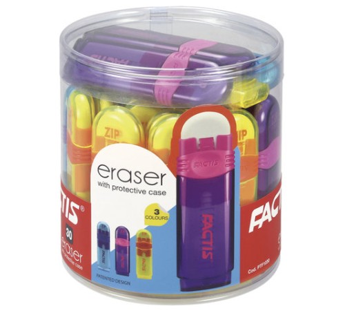 Ластик выдвижной FACTIS ZIP (Испания), 80x10x10 мм, белый, пластиковый корпус ассорти, PTF1030