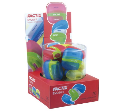 Точилка FACTIS EVO36R (Испания), с контейнером и стирательной резинкой, 50x50x25 мм, ассорти, F4707116