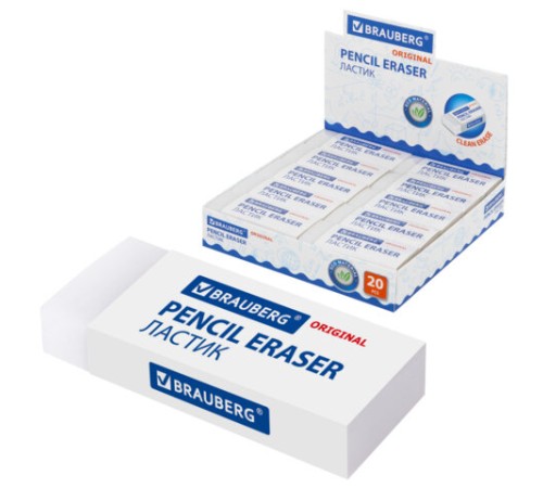Ластик большой BRAUBERG EXTRA, 60х24х11 мм, белый, прямоугольный, экологичный ПВХ, картонный держатель, 228074
