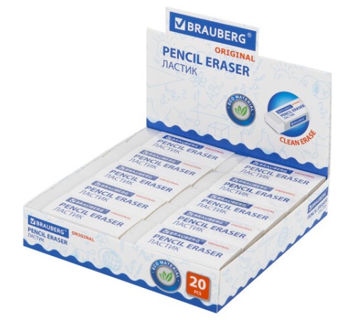 Ластик большой BRAUBERG EXTRA, 60х24х11 мм, белый, прямоугольный, экологичный ПВХ, картонный держатель, 228074
