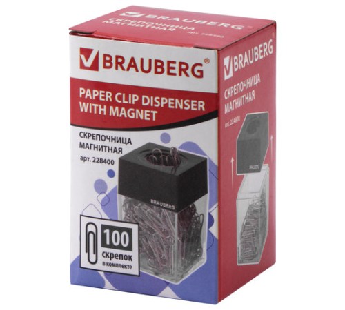 Скрепочница магнитная BRAUBERG со 100 никелированными скрепками 28 мм, прозрачный корпус, 228400