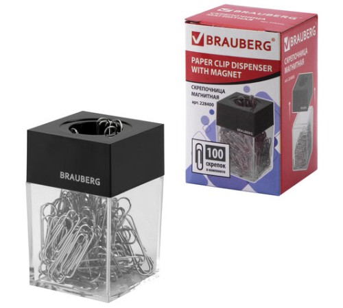 Скрепочница магнитная BRAUBERG со 100 никелированными скрепками 28 мм, прозрачный корпус, 228400