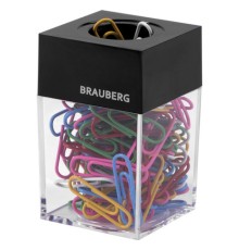Скрепочница магнитная BRAUBERG со 100 цветными скрепками 28 мм, прозрачный корпус, 228401