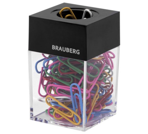 Скрепочница магнитная BRAUBERG со 100 цветными скрепками 28 мм, прозрачный корпус, 228401