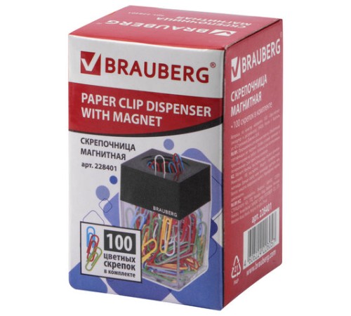 Скрепочница магнитная BRAUBERG со 100 цветными скрепками 28 мм, прозрачный корпус, 228401