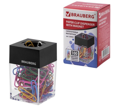 Скрепочница магнитная BRAUBERG со 100 цветными скрепками 28 мм, прозрачный корпус, 228401