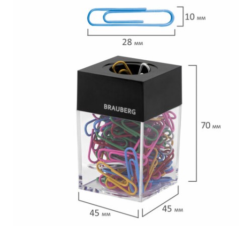 Скрепочница магнитная BRAUBERG со 100 цветными скрепками 28 мм, прозрачный корпус, 228401