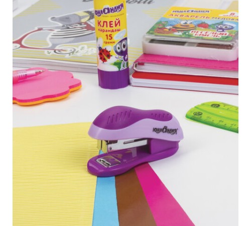 Степлер №10 МИНИ ЮНЛАНДИЯ, до 15 листов, с антистеплером, эргономичный, фиолетовый, 228492