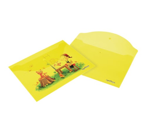 Папка-конверт с кнопкой ЮНЛАНДИЯ, А4, до 100 листов, прозрачная, желтая, 0,18 мм, 228668