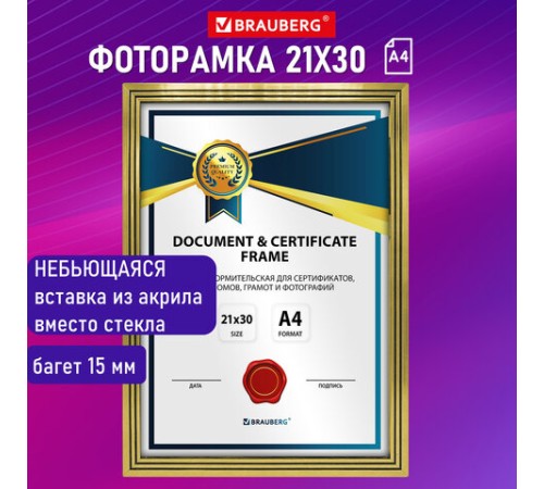 Рамка 21х30 см небьющаяся, багет 15 мм пластик, BRAUBERG "Respect", золотистая, 391272 Рамка 21х30 см небьющаяся, багет 15 мм пластик, BRAUBERG "Respect", золотистая, 391272
