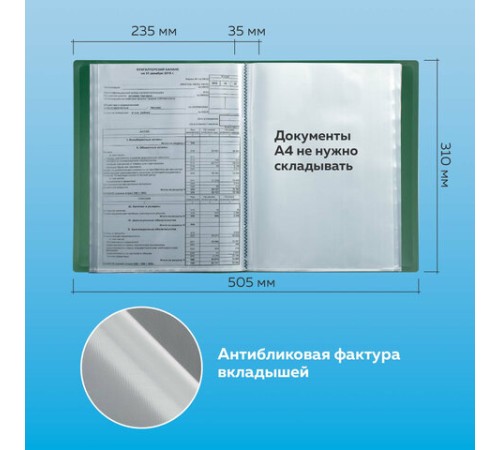 Папка 60 вкладышей BRAUBERG стандарт, зеленая, 0,8 мм, 228684
