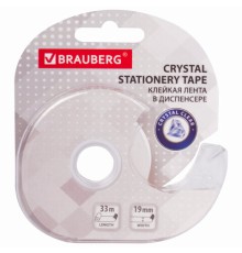 Клейкая лента канцелярская 19 мм х 33 м КРИСТАЛЬНАЯ, в диспенсере, BRAUBERG, 228760