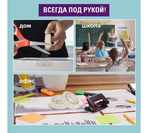 Клейкие ленты 12 мм х 33 м канцелярские BRAUBERG, КОМПЛЕКТ 4 шт., прозрачные, гарантированная длина, 228761