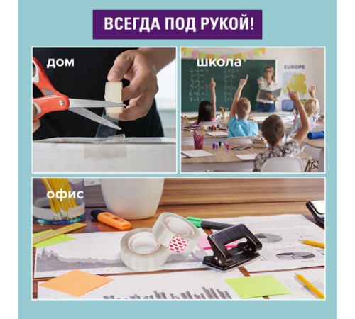 Клейкие ленты 19 мм х 33 м канцелярские BRAUBERG, КОМПЛЕКТ 4 шт., прозрачные, гарантированная длина, 228762
