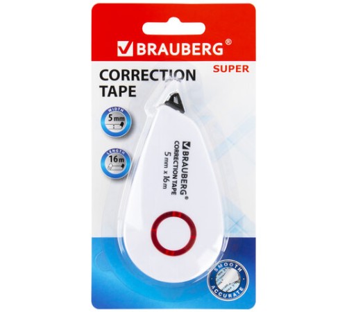 Корректирующая лента BRAUBERG SUPER, 5 мм х 16 м, корпус белый, блистер, 229061