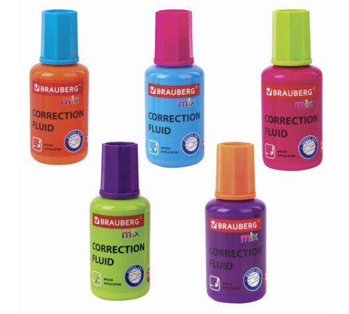 Корректирующая жидкость BRAUBERG MIX, быстросохнущая, 20 мл, с кисточкой, ассорти, 229074