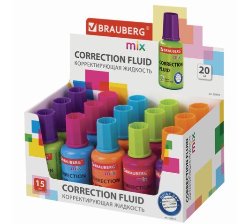 Корректирующая жидкость BRAUBERG MIX, быстросохнущая, 20 мл, с кисточкой, ассорти, 229074