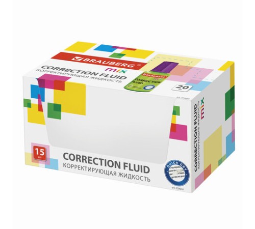 Корректирующая жидкость BRAUBERG MIX, быстросохнущая, 20 мл, с кисточкой, ассорти, 229074