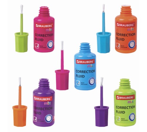 Корректирующая жидкость BRAUBERG MIX, быстросохнущая, 20 мл, с кисточкой, ассорти, 229074