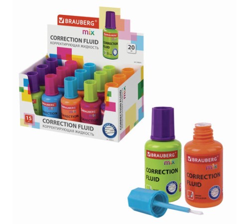 Корректирующая жидкость BRAUBERG MIX, быстросохнущая, 20 мл, с кисточкой, ассорти, 229074