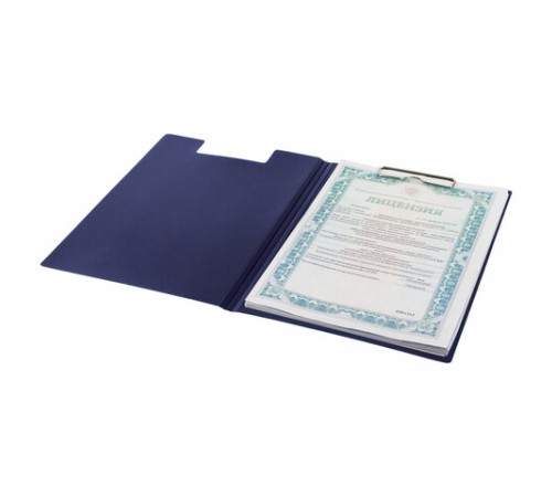 Папка-планшет STAFF, А4 (310х230 мм), с прижимом и крышкой, пластик, синяя, 0,5 мм, 229220