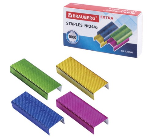 Скобы для степлера цветные №24/6, 1000 штук, BRAUBERG 