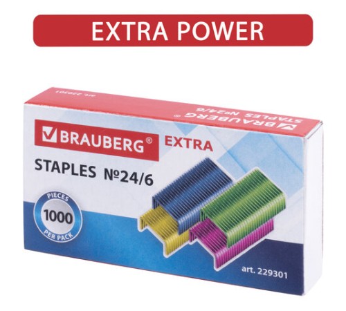 Скобы для степлера цветные №24/6, 1000 штук, BRAUBERG 