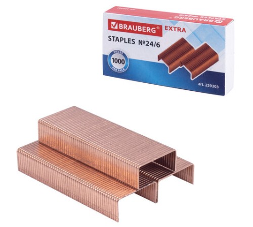 Скобы для степлера медное покрытие №24/6, 1000 штук, BRAUBERG 