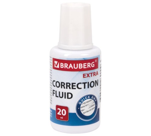 Корректирующая жидкость BRAUBERG EXTRA быстросохнущая, 20 мл, с кисточкой, 229397