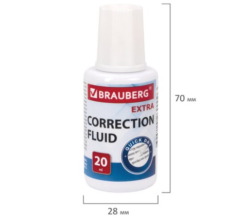 Корректирующая жидкость BRAUBERG EXTRA быстросохнущая, 20 мл, с кисточкой, 229397