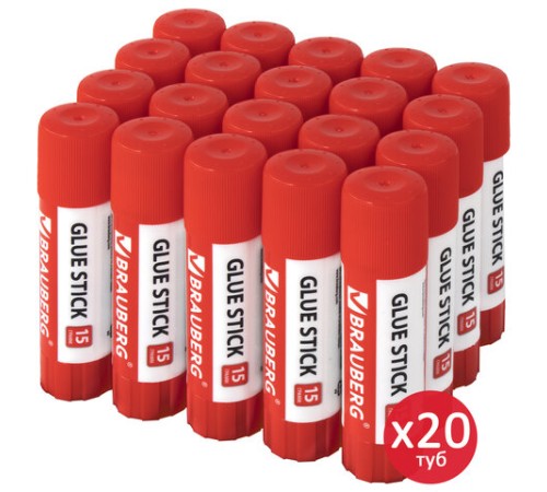 Клей-карандаш 15 г ВЫГОДНАЯ УПАКОВКА, КОМПЛЕКТ 20 штук, BRAUBERG, 229469