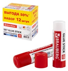 Клей-карандаш 25 г ВЫГОДНАЯ УПАКОВКА, КОМПЛЕКТ 12 штук, BRAUBERG, 229470