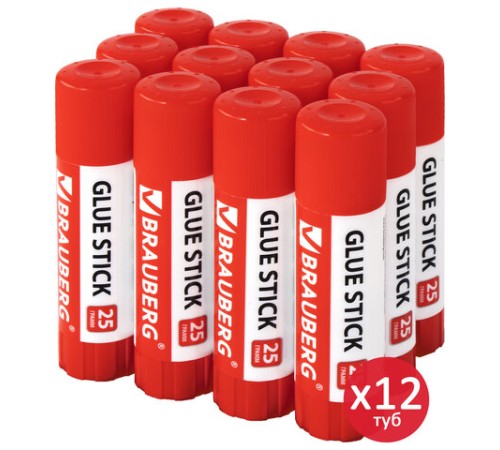 Клей-карандаш 25 г ВЫГОДНАЯ УПАКОВКА, КОМПЛЕКТ 12 штук, BRAUBERG, 229470