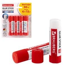 Клей-карандаш 15 г ВЫГОДНАЯ УПАКОВКА BRAUBERG, 4 штуки на блистере, 229471
