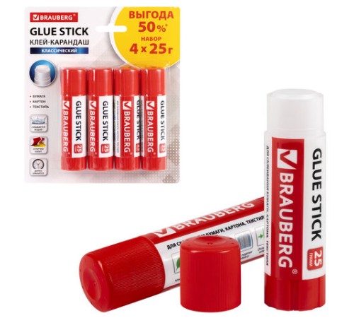 Клей-карандаш 25 г ВЫГОДНАЯ УПАКОВКА BRAUBERG, 4 штуки на блистере, 229472
