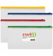 Папка-конверт на молнии МАЛОГО ФОРМАТА (255х130 мм), карман для визиток, прозрачная, 0,12 мм, STAFF, 229549
