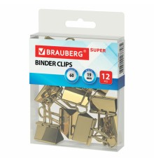 Зажимы для бумаг BRAUBERG EXTRA, КОМПЛЕКТ 12 шт., 19 мм, на 60 л., золотистые, европодвес, 229586