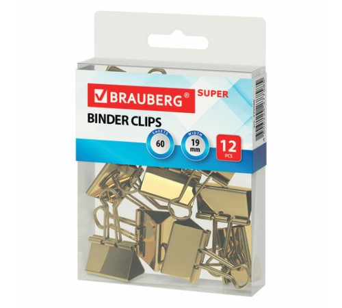 Зажимы для бумаг BRAUBERG EXTRA, КОМПЛЕКТ 12 шт., 19 мм, на 60 л., золотистые, европодвес, 229586