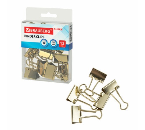 Зажимы для бумаг BRAUBERG EXTRA, КОМПЛЕКТ 12 шт., 19 мм, на 60 л., золотистые, европодвес, 229586