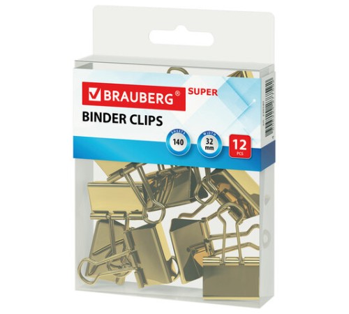 Зажимы для бумаг BRAUBERG EXTRA, КОМПЛЕКТ 12 шт., 32 мм, на 140 л., золотистые, европодвес, 229587