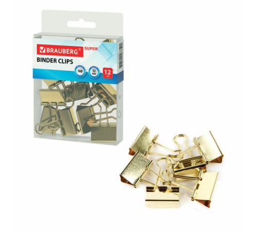 Зажимы для бумаг BRAUBERG EXTRA, КОМПЛЕКТ 12 шт., 32 мм, на 140 л., золотистые, европодвес, 229587