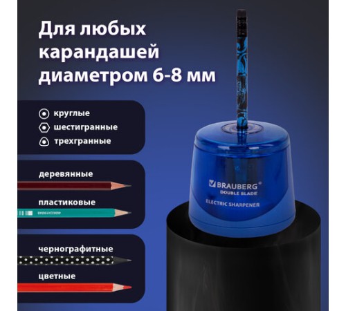 Точилка электрическая BRAUBERG DOUBLE BLADE BLUE, двойное лезвие, питание от 2 батареек AA, 229605