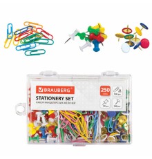 Набор BRAUBERG, скрепки цветные 28 мм/100 шт., кнопки канцелярские 100 шт., силовые кнопки 50 шт., 229675