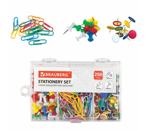 Набор BRAUBERG, скрепки цветные 28 мм/100 шт., кнопки канцелярские 100 шт., силовые кнопки 50 шт., 229675