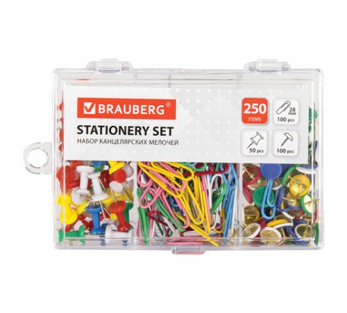 Набор BRAUBERG, скрепки цветные 28 мм/100 шт., кнопки канцелярские 100 шт., силовые кнопки 50 шт., 229675
