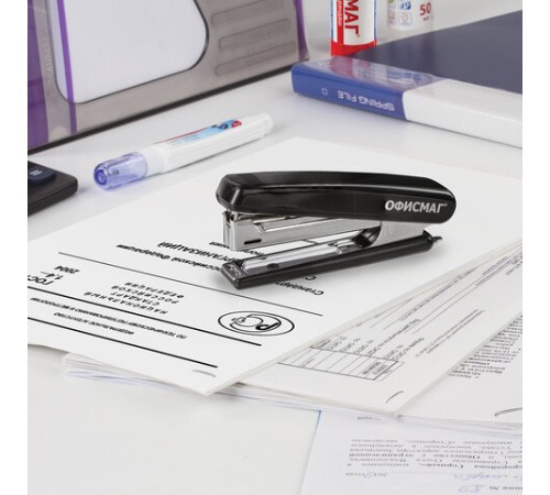 Степлер №10 ОФИСМАГ, до 12 листов, с антистеплером, черный, 229690