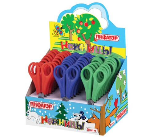 Ножницы ПИФАГОР, 135 мм, с линейкой, ассорти, в дисплее, 230936